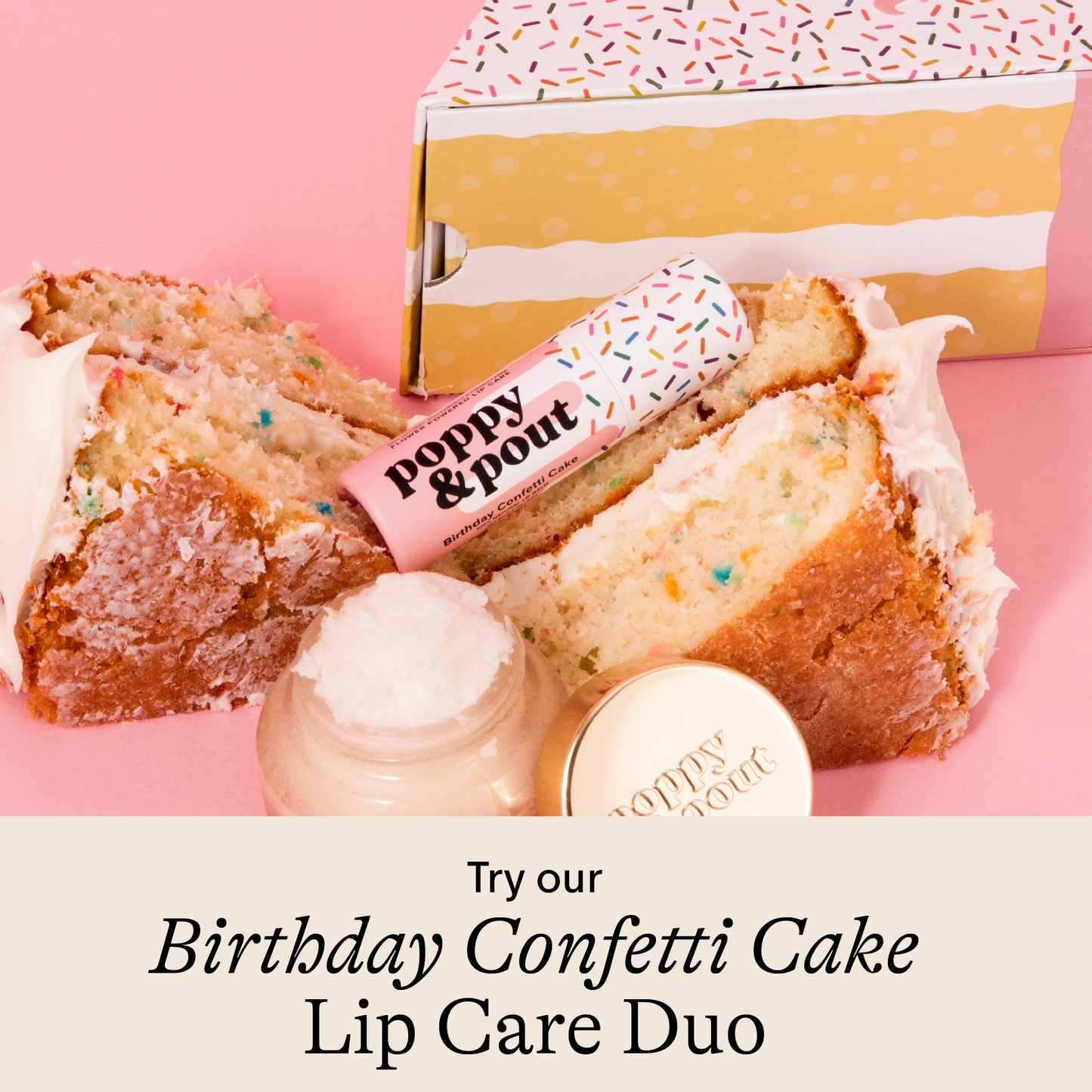 Poppy & Pout Lip Balm, Birthday Confetti Cake, Pink