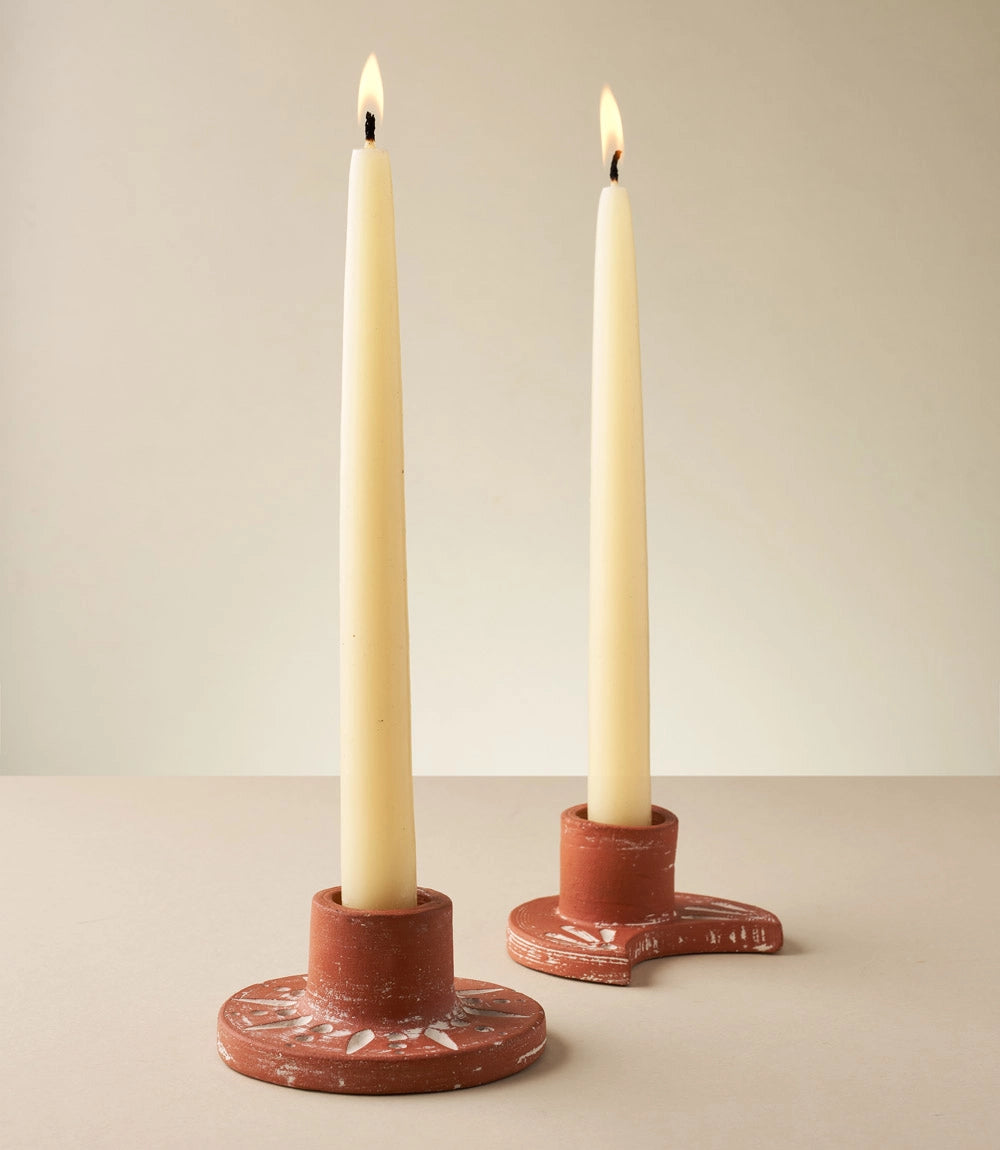 Matr Boomie Fair Trade Daksha Crescent Moon Taper Candle Holder - Terracotta