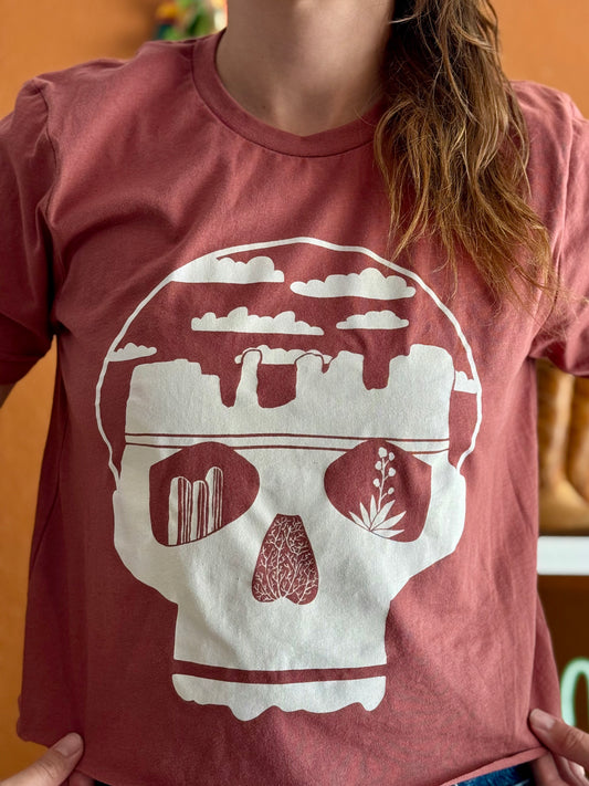 Pie Chart Press Rust Skull Crop Tee